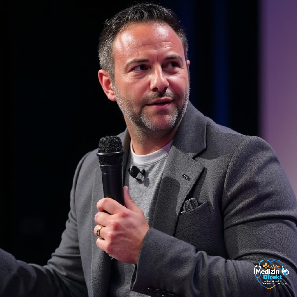 Moderator bei medizinischer Veranstaltung mit Mikrofon auf Bühne