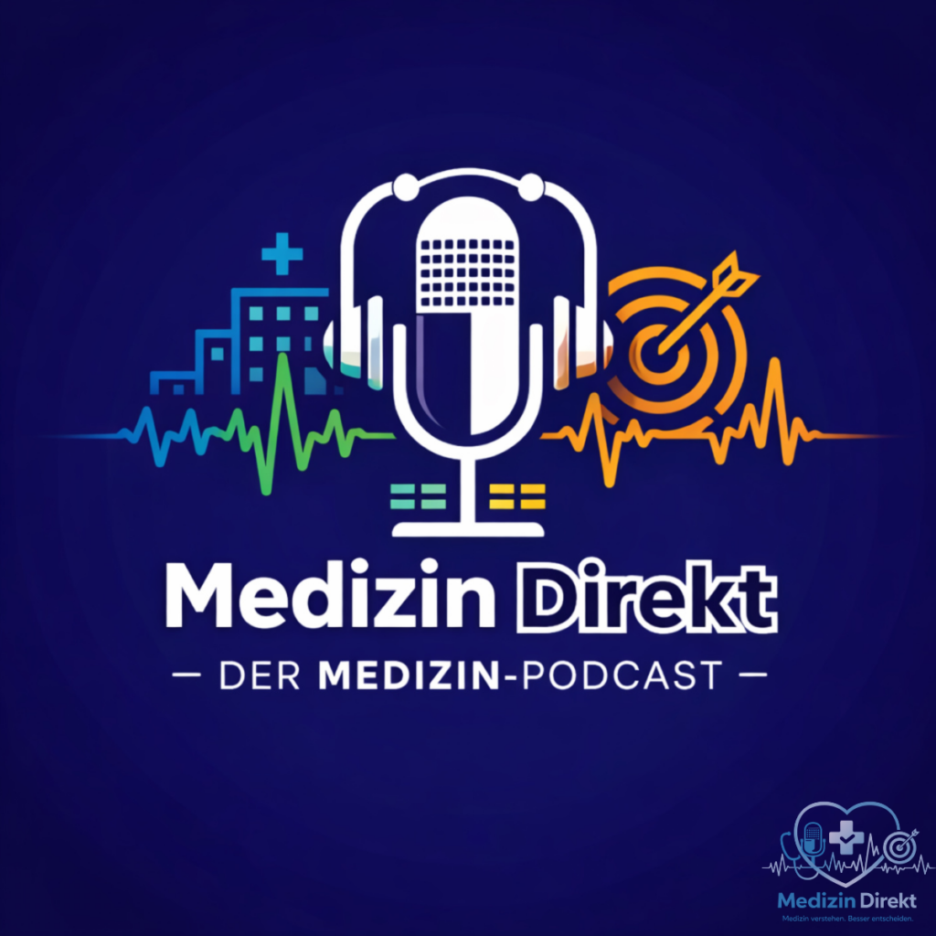 Logo des Medizin Direkt Podcasts mit Mikrofon, Herzfrequenzlinie und Zielsymbol – medizinische Themen verständlich erklärt
