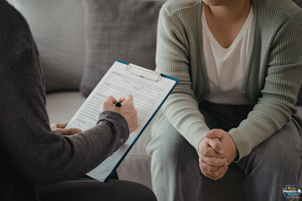 Beratungsgespräch mit medizinischen Unterlagen auf einem Klemmbrett.