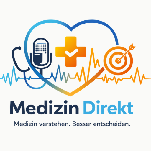 Markenlogo Medizin Direkt mit Herzsymbol, Stethoskop, Mikrofon und Zielscheibe – steht für verständliche Medizin, Orientierung und bessere Entscheidungen