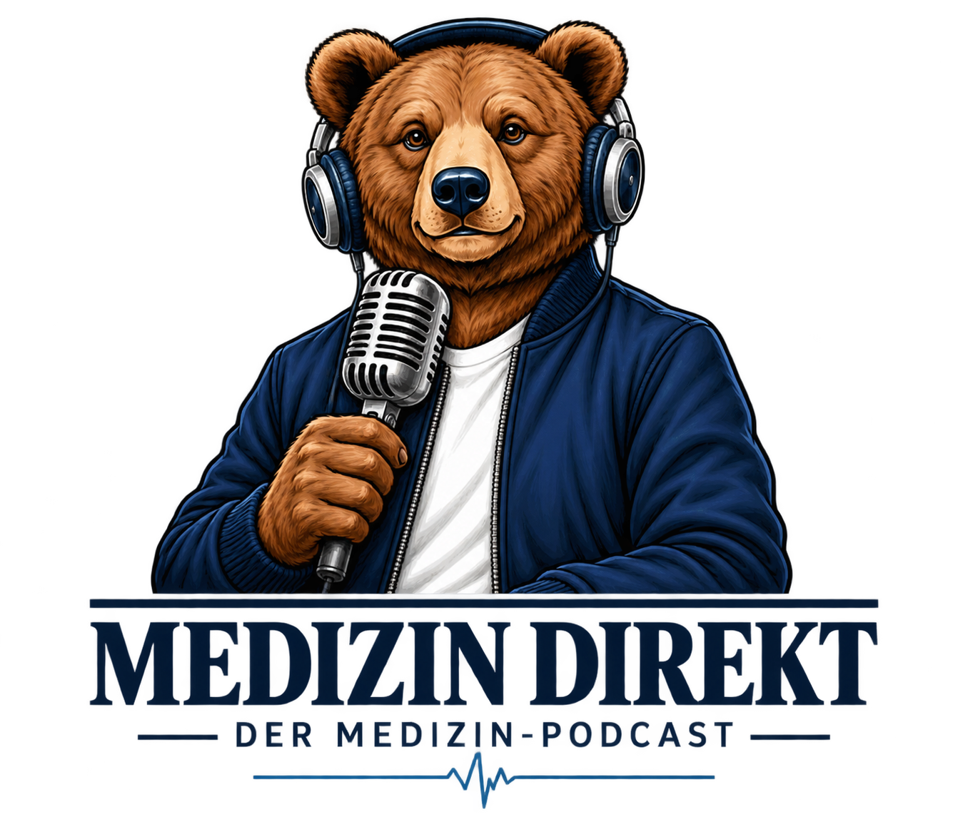 MEDIZIN DIREKT Podcast-Bär mit Kopfhörern und Mikrofon, Navy-Jacke und MEDIZIN DIREKT Wortmarke